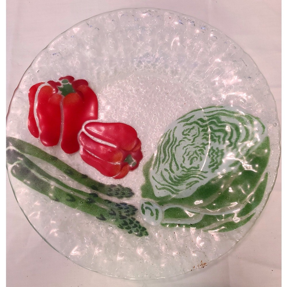 Fused Art Glass Textured Plate Vegetable Design Pepper‎ Cabbage Asparagus 10"